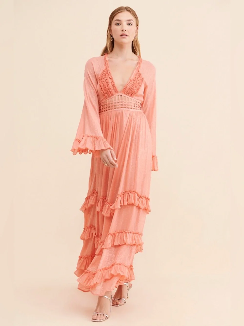 Free People coral Seraphina metallic maxi dress